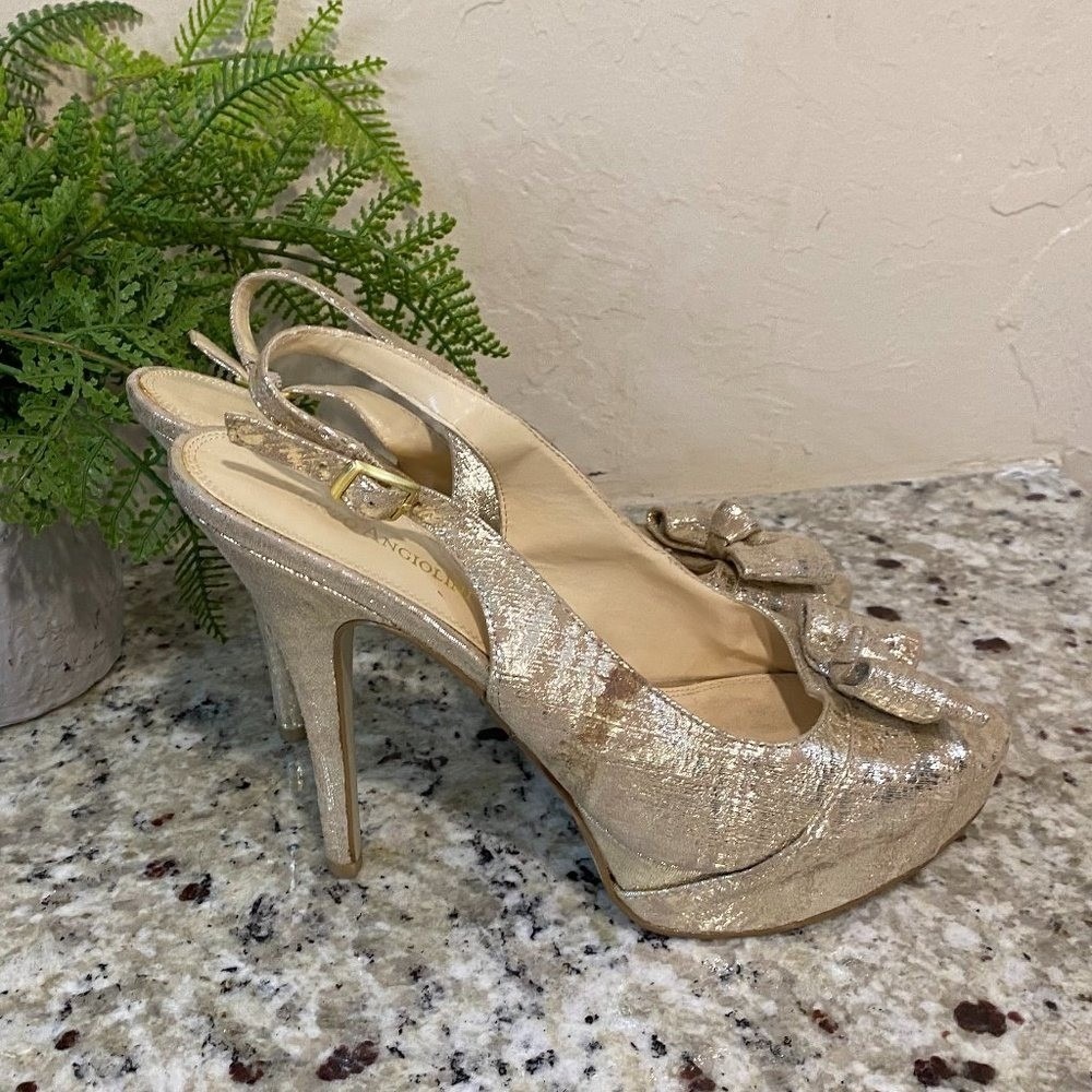 Enzo‎ Angiolini Gold Metallic Bow Peep Toe Platform Slingback Heels Womens 8M
